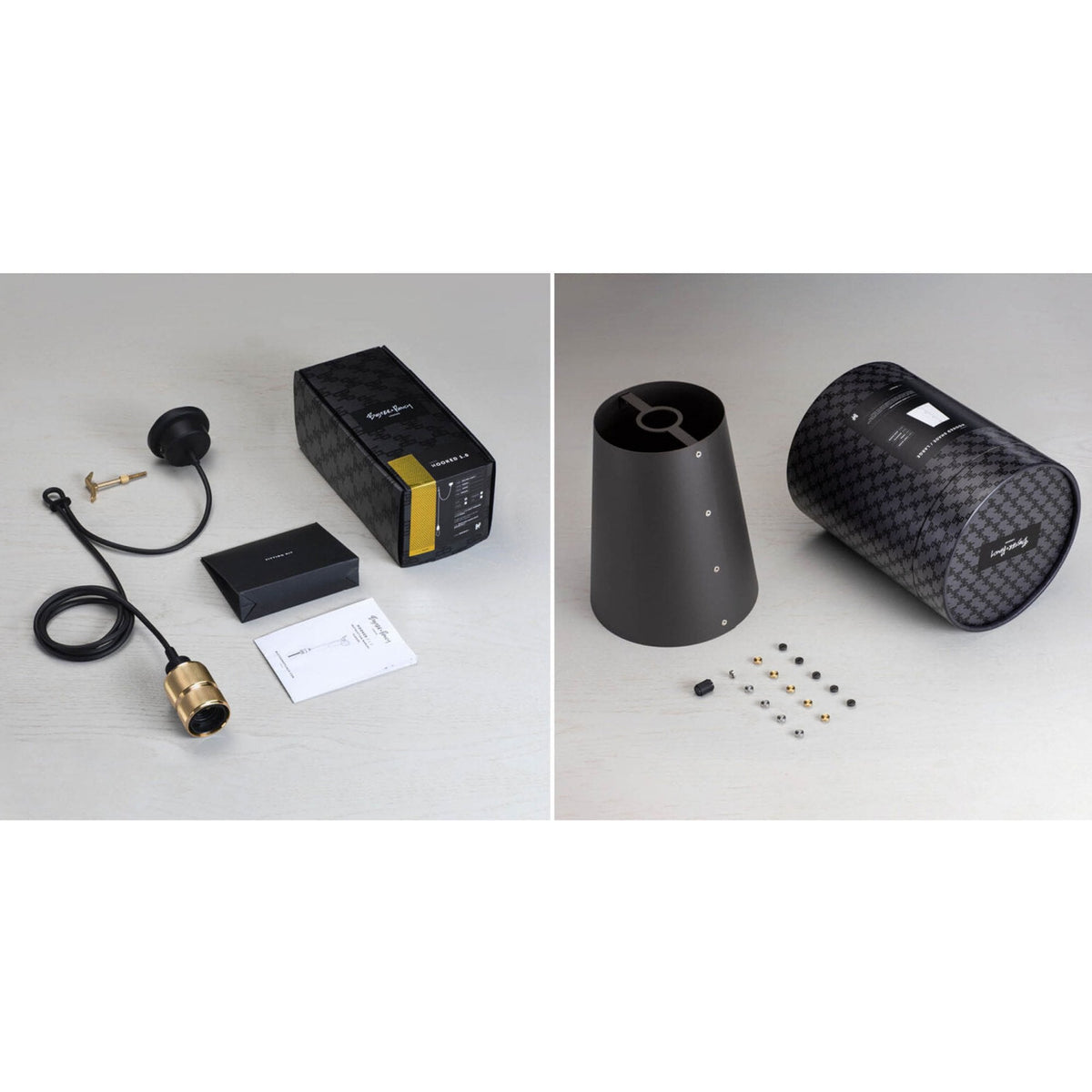 Hooked Large Single Drop Pendant in Graphite and Brass Finish