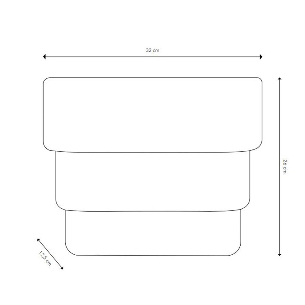 A diagram of a rectangular, three-tiered wall light showing its dimensions: 32cm wide, 26cm high, 12.5cm deep.