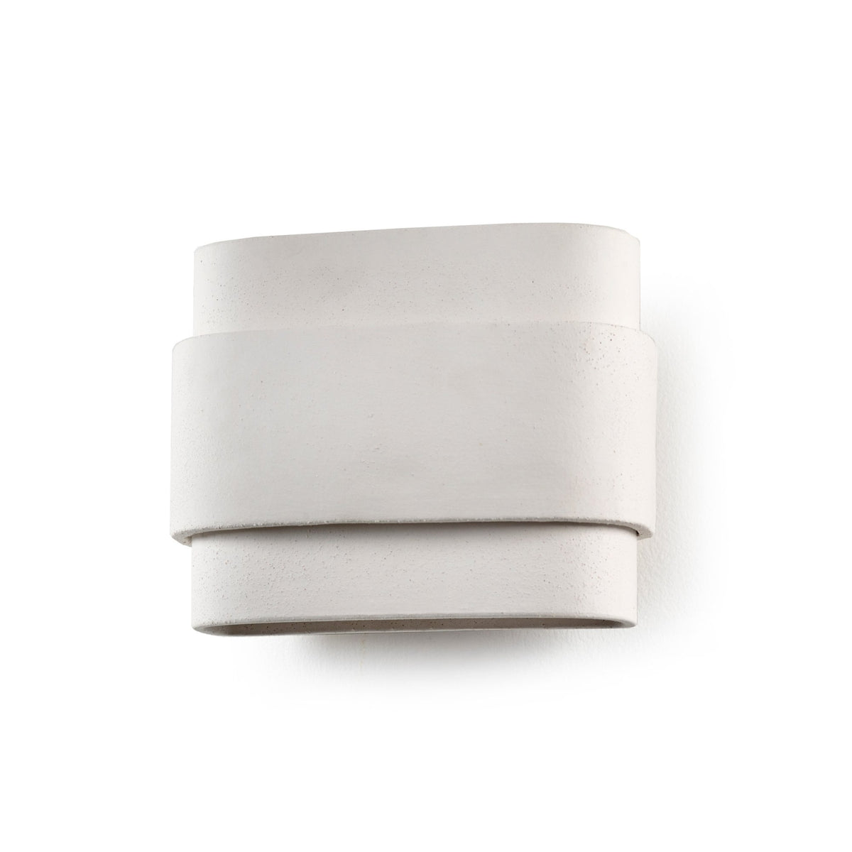 A contemporary white wall light with a layered, rectangular design.