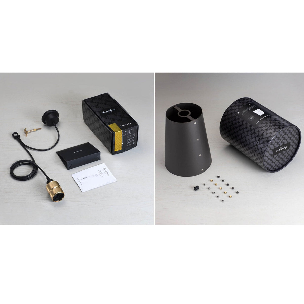 Hooked Small Single Drop Pendant in Graphite and Brass Finish