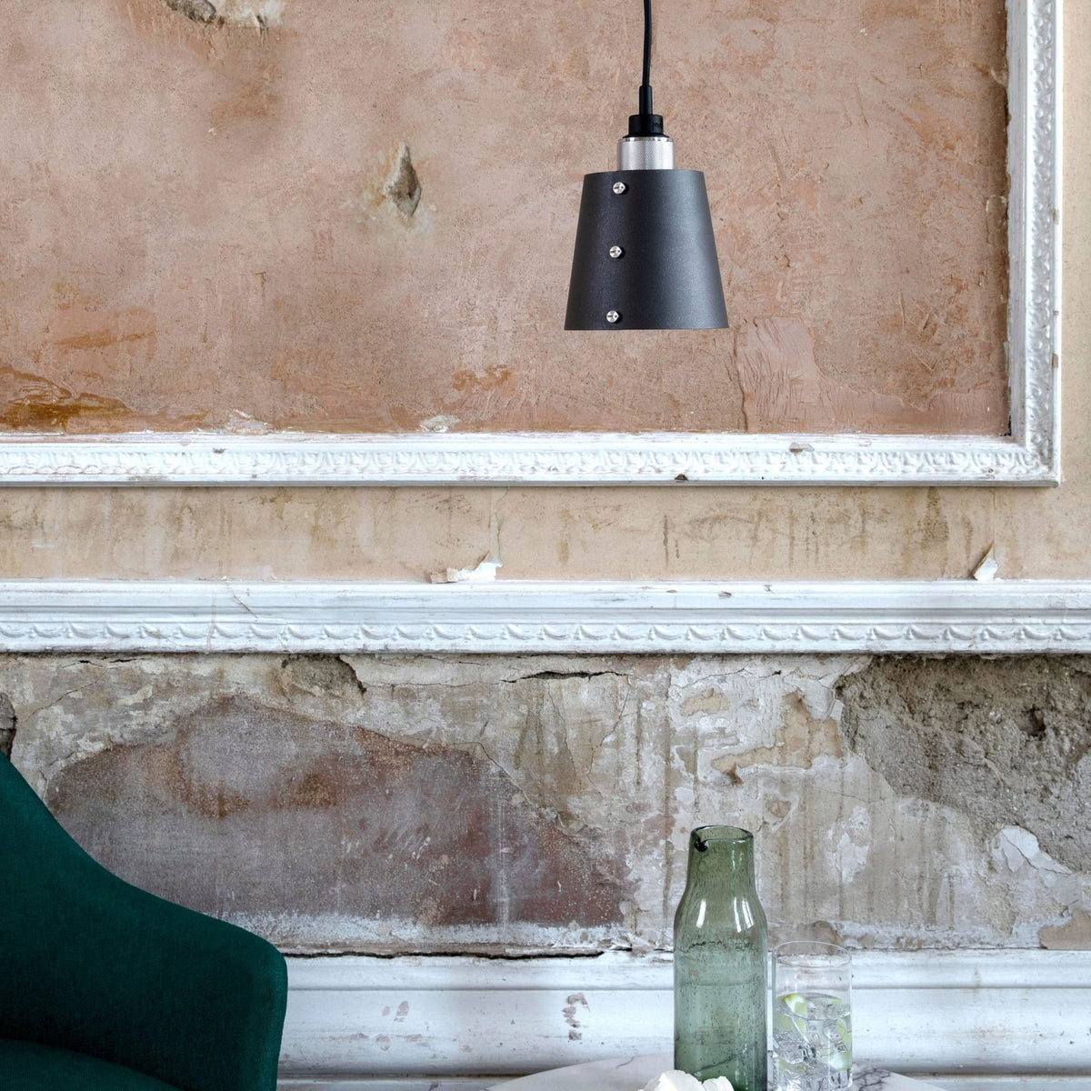 Hooked Small Single Drop Pendant in Graphite and Brass Finish