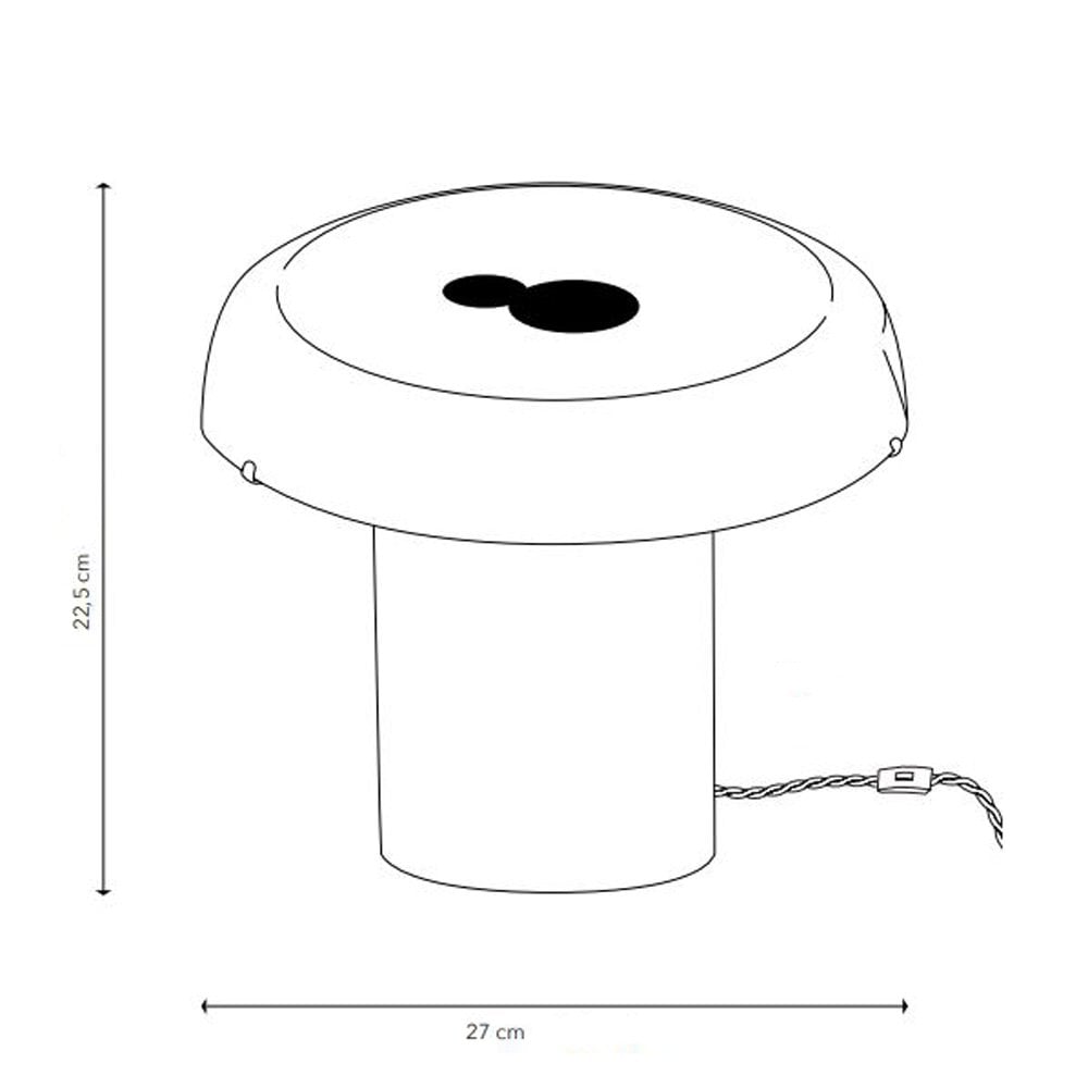 A line drawing of the mushroom lamp with dimensions: 27 cm wide and 22.5 cm high.