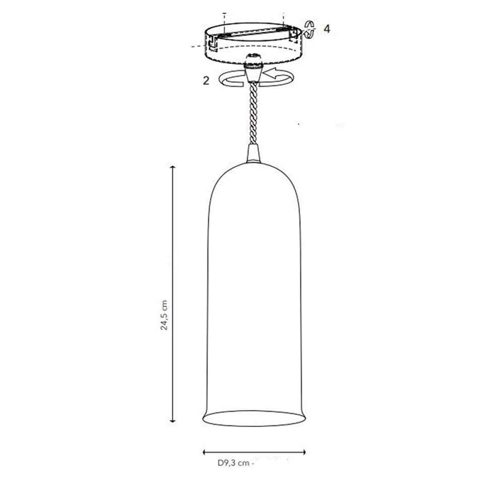A line drawing showing the dimensions and mounting of a cylindrical pendant light.