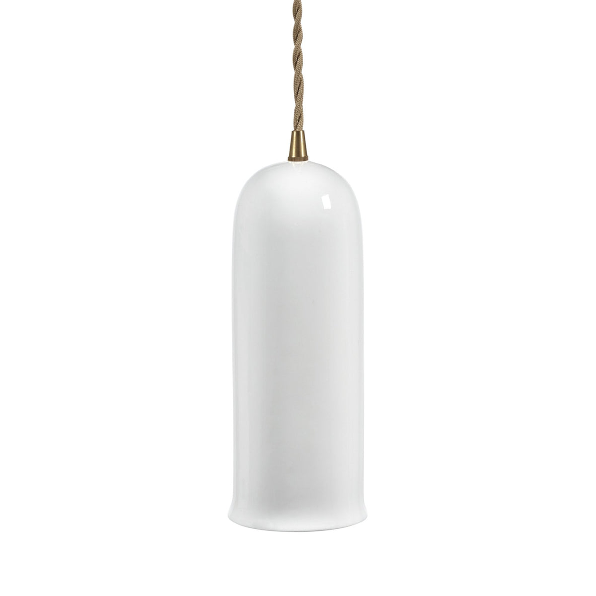 A minimalist white glass pendant light with a brass top and twisted cord.