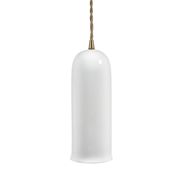 A minimalist white glass pendant light with a brass top and twisted cord.