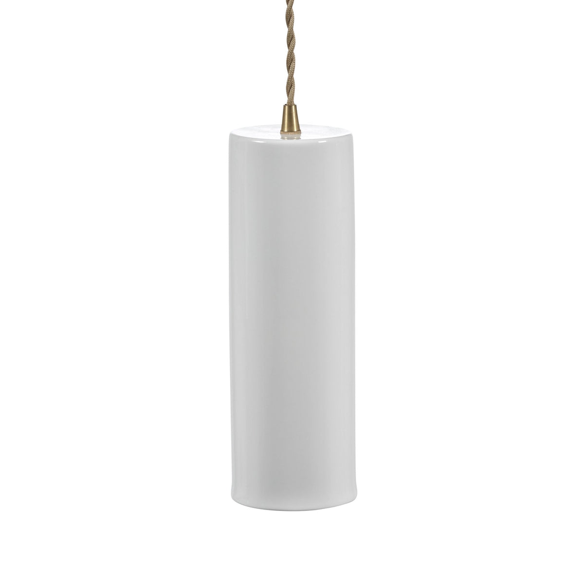 A modern cylindrical white pendant light, perfect for contemporary interiors.