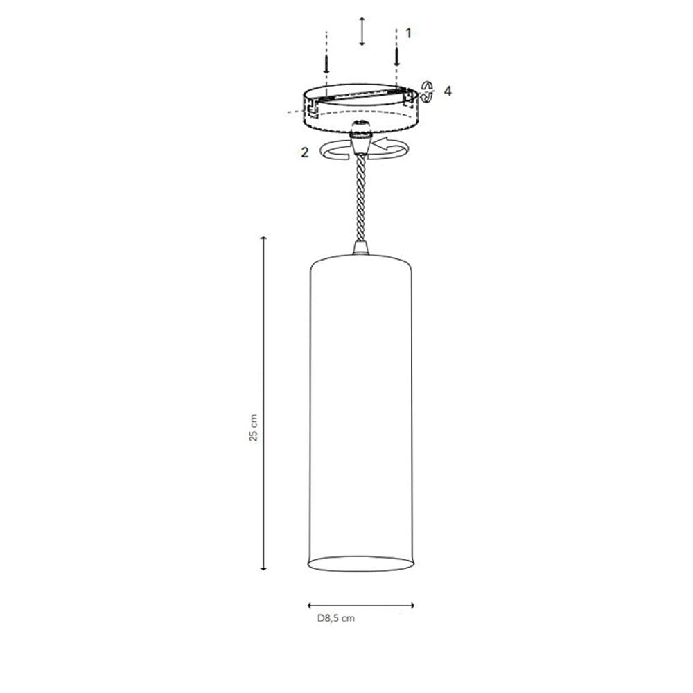 Technical diagram showing the dimensions and installation steps for a cylindrical pendant light.