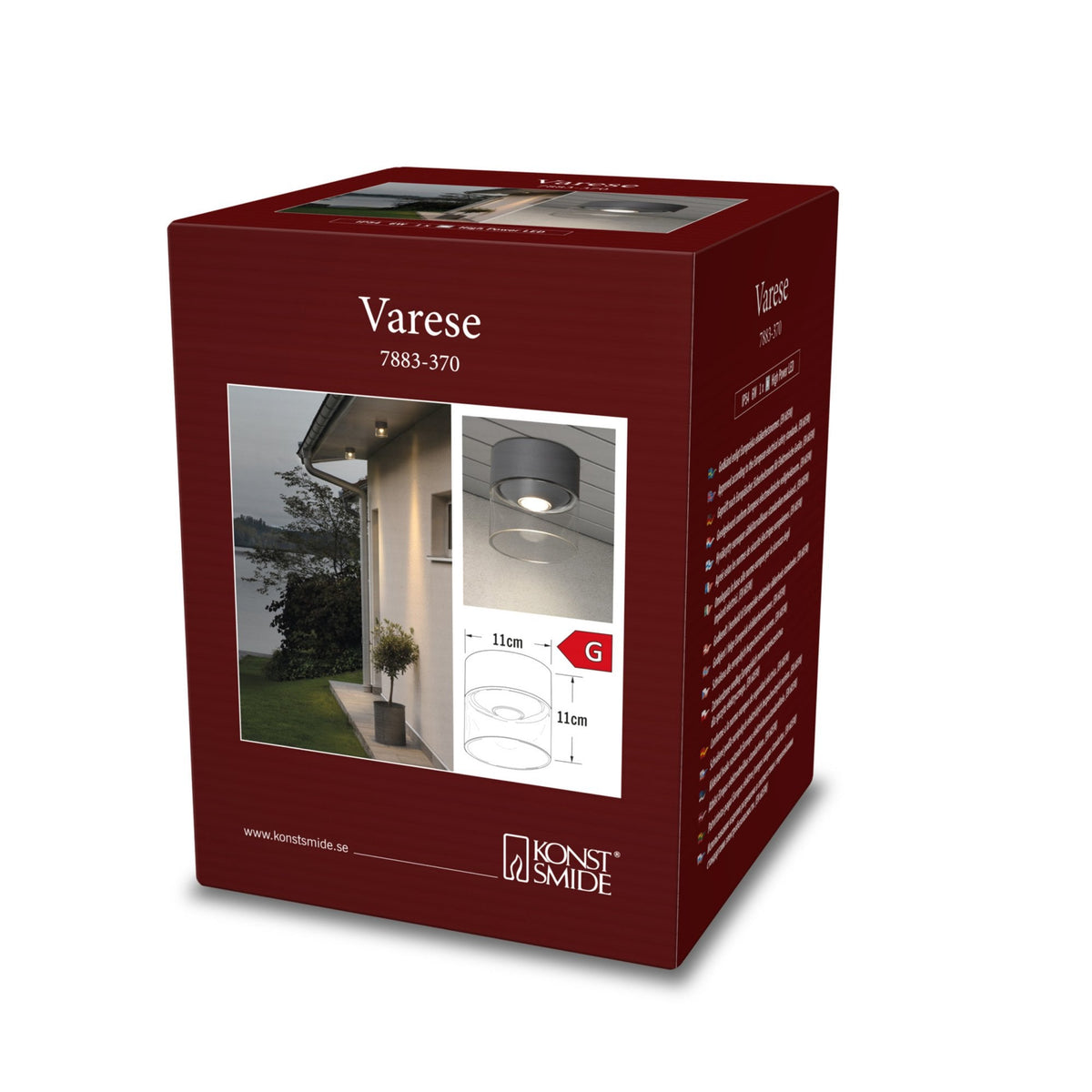 Product packaging for the Varese outdoor ceiling light, featuring product images.