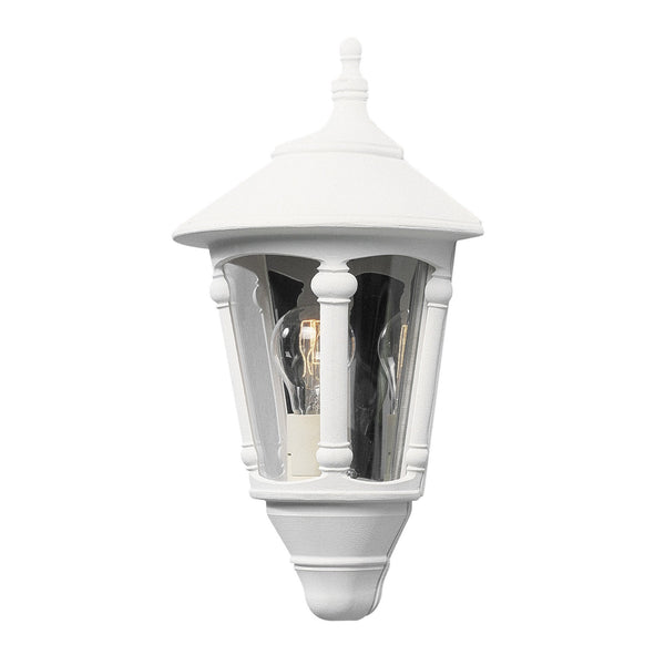 A white traditional outdoor wall lantern with clear glass panels on a white background.