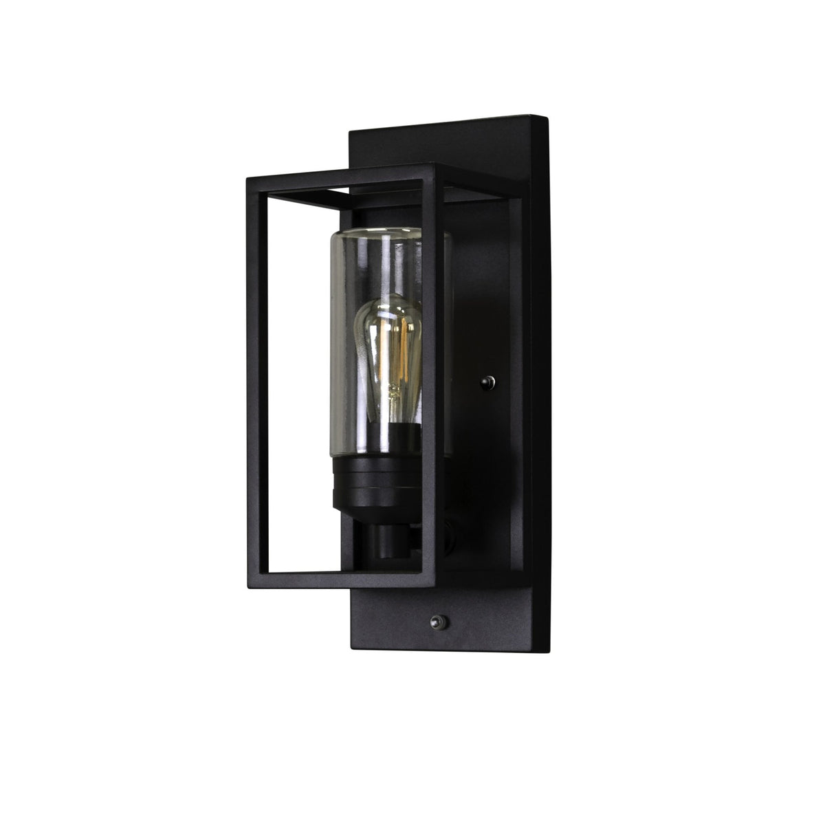 A black outdoor wall light with a clear glass shade and visible filament bulb on white.