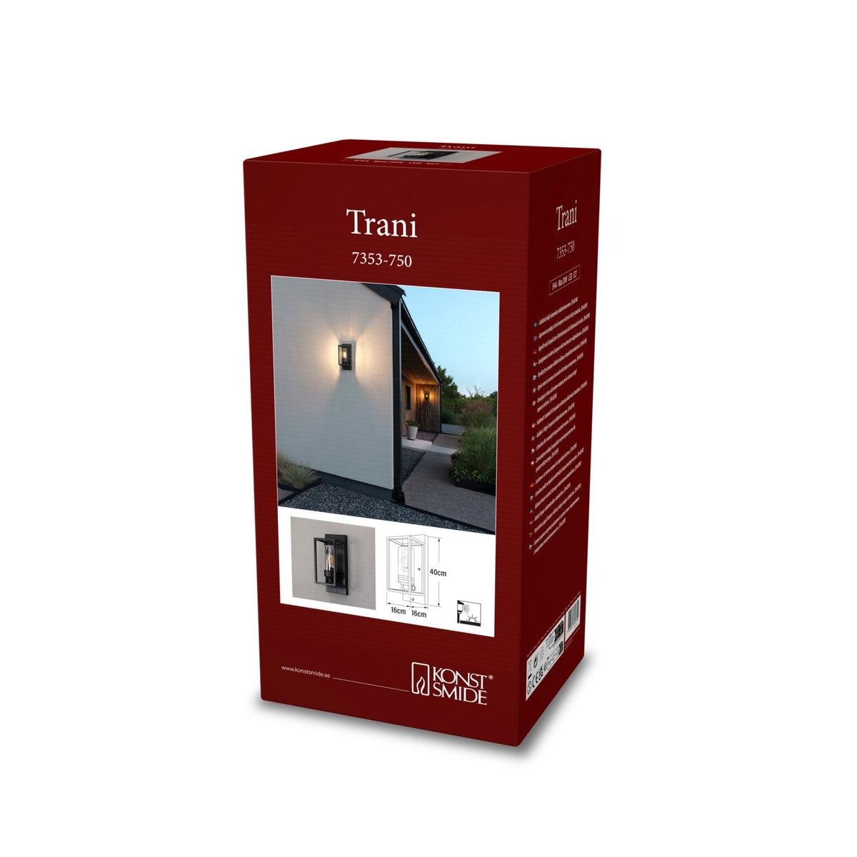 The product packaging for the Trani outdoor wall light, featuring an image of it installed.