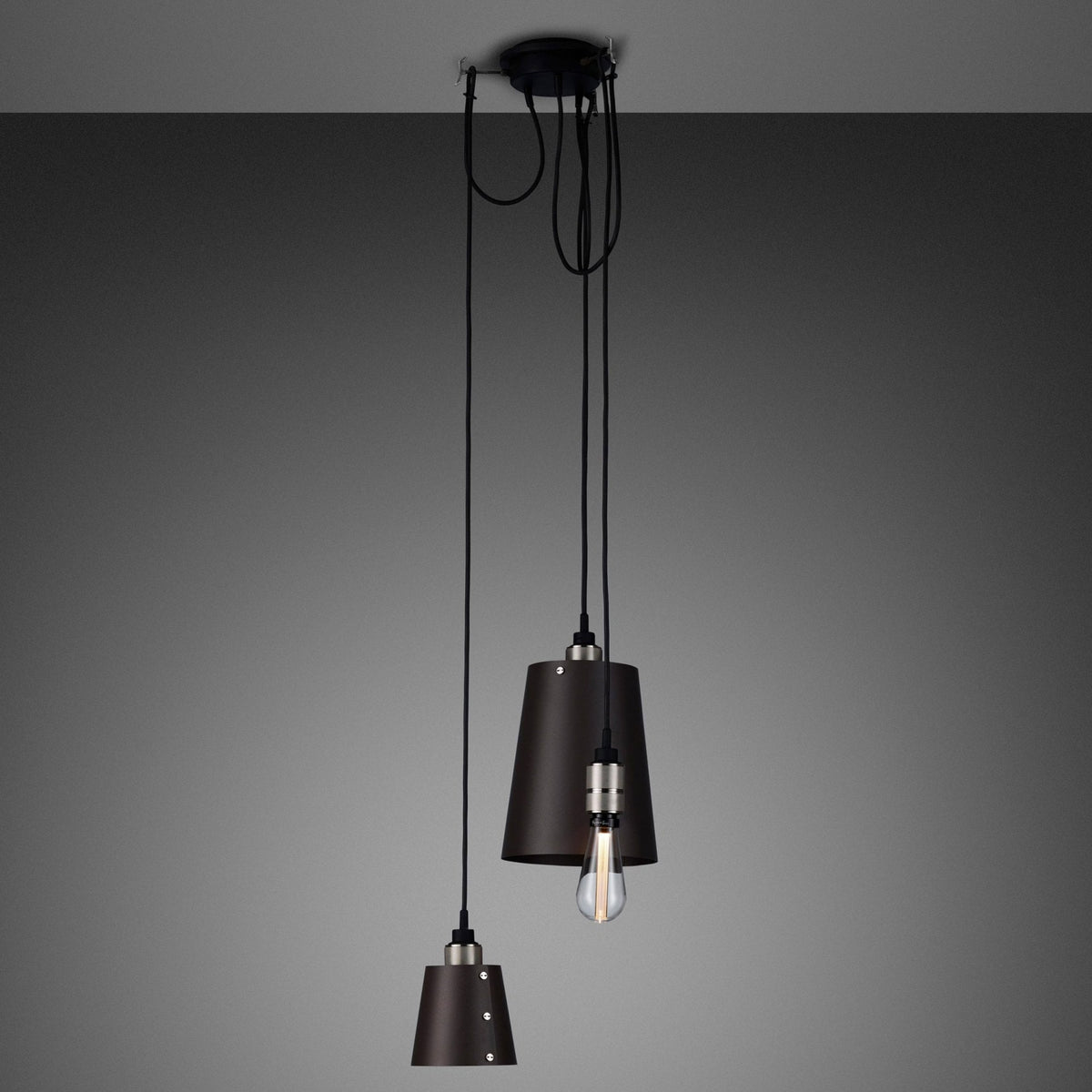 Hooked Mix Triple Drop Round Pendant in Graphite and Steel Finish