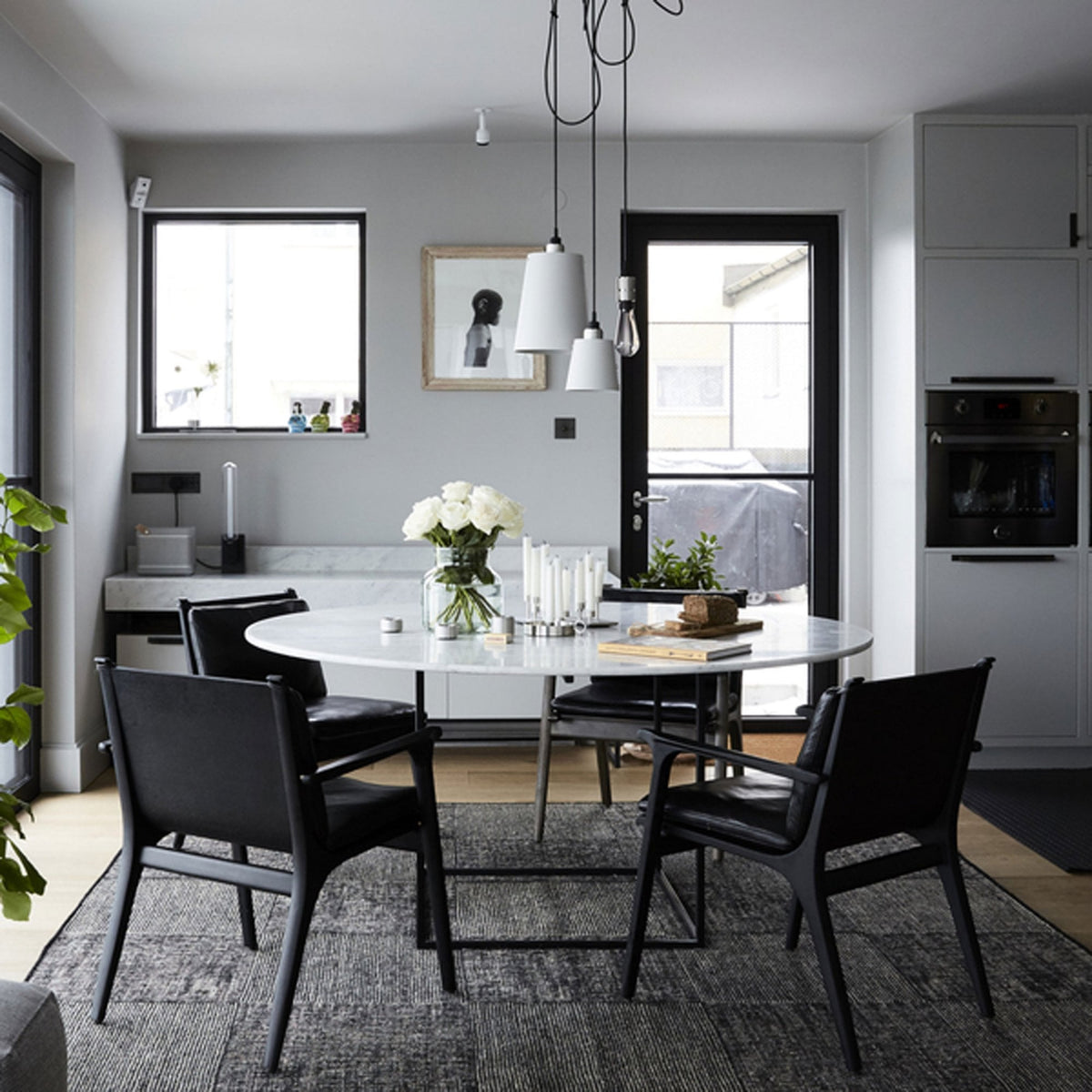 Hooked Mix Triple Drop Round Pendant in Stone and Steel Finish