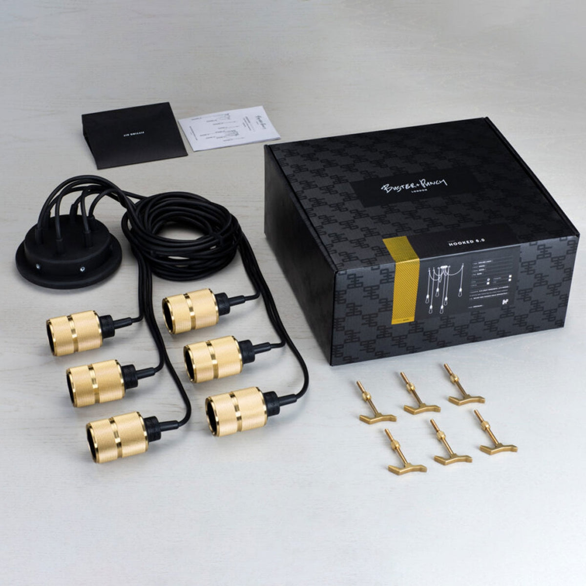 Hooked 6.0 pendant light kit with six brass light fittings, ceiling rose, and ceiling hooks.