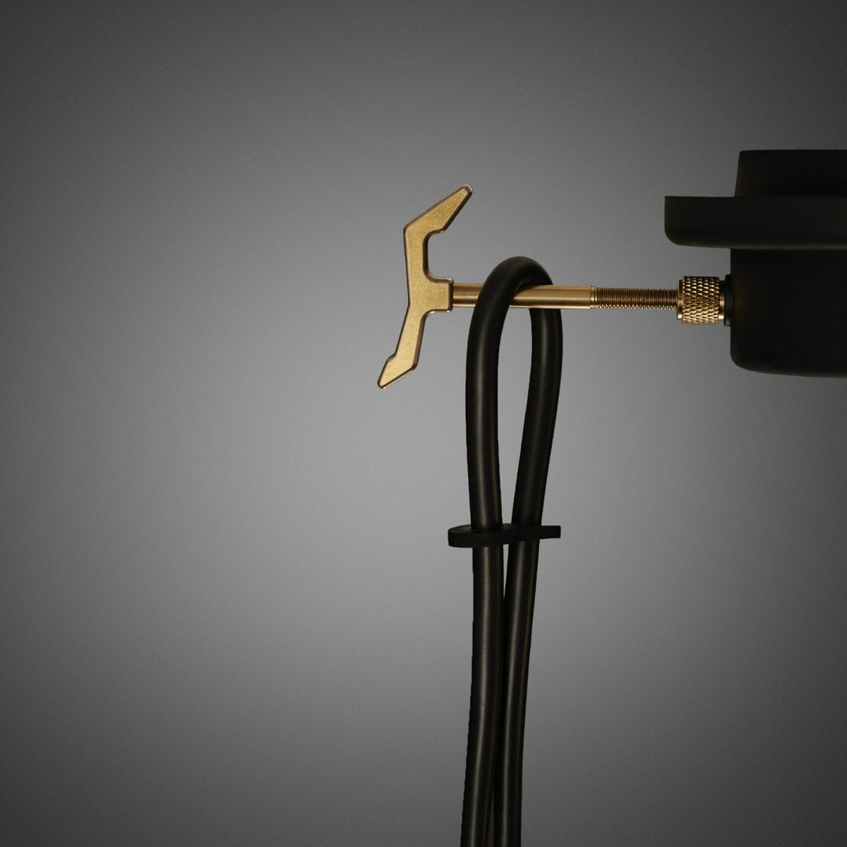 Close-up of a gold-colored metal hook holding a black cable, with a threaded screw mechanism.