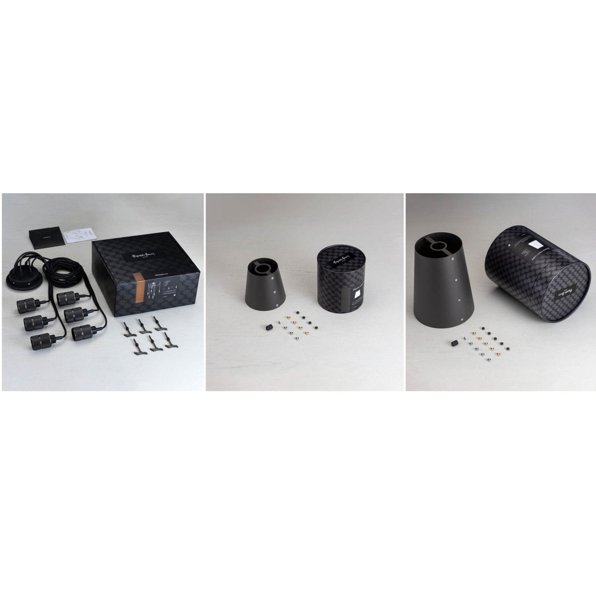 Three panels showing the packaged components, disassembled parts, and assembled light shades.