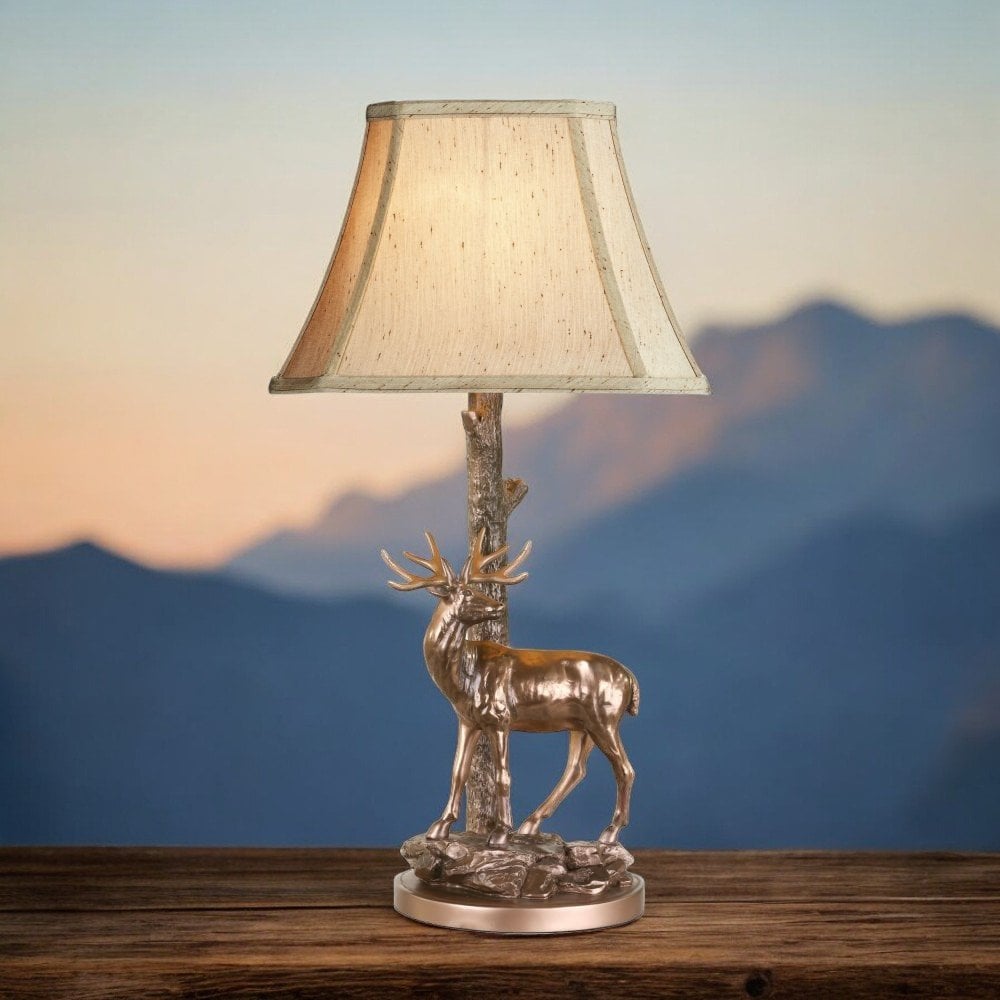 Gulliver Deer Table Lamp In Aged Brass With Faux Silk Shade