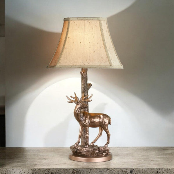 Gulliver Deer Table Lamp In Aged Brass With Faux Silk Shade