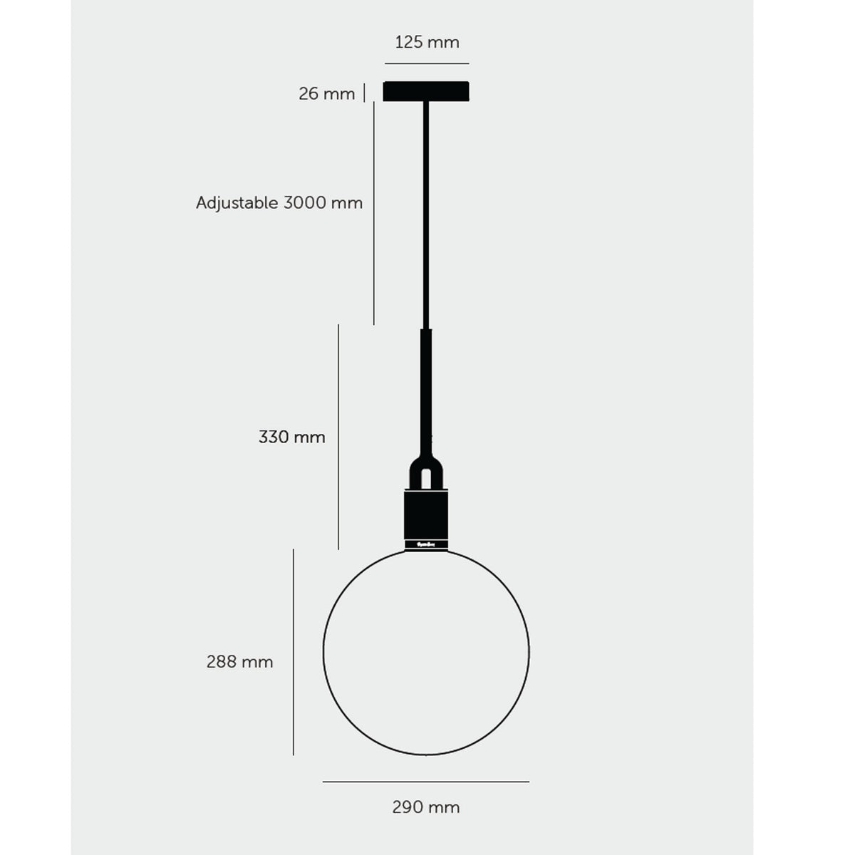 Diagram of a pendant light with dimensions: 125mm ceiling plate, 3000mm adjustable cable, 290mm diameter globe.
