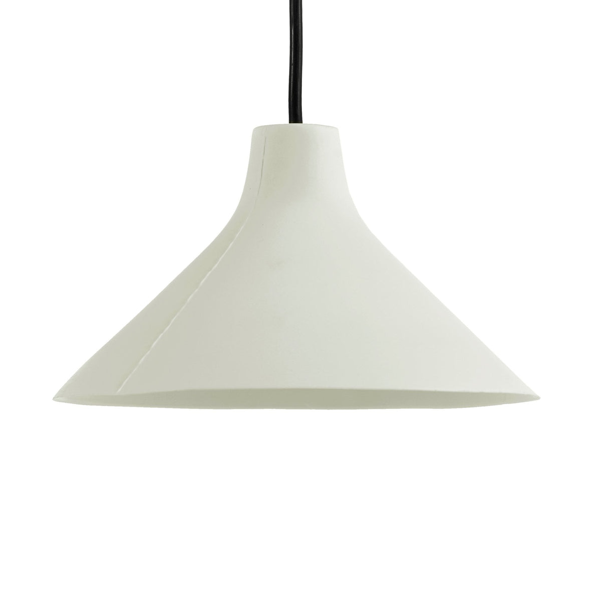 A single white, cone-shaped pendant light with a black cord on a white background.