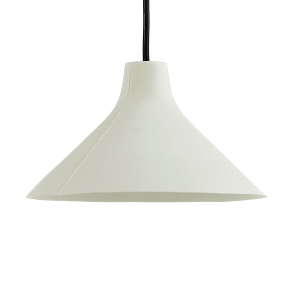 A single white, cone-shaped pendant light with a black cord on a white background.