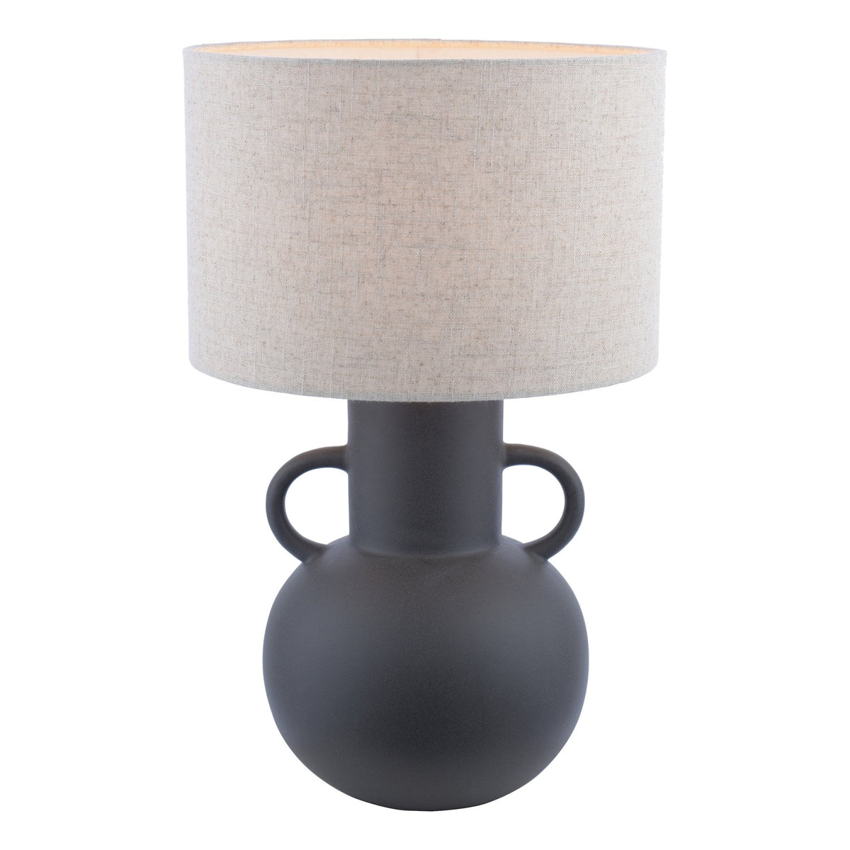 A dark grey amphora-shaped table lamp with a light fabric shade, on a white background.