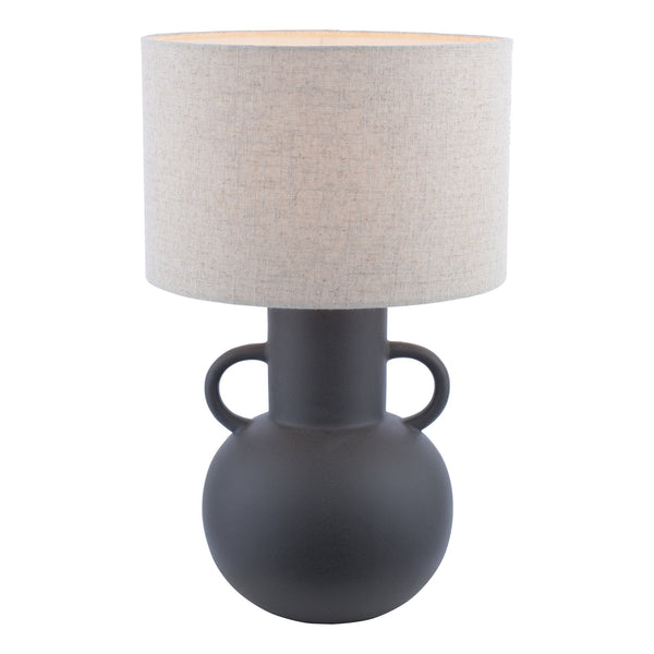 A dark grey amphora-shaped table lamp with a light fabric shade, on a white background.