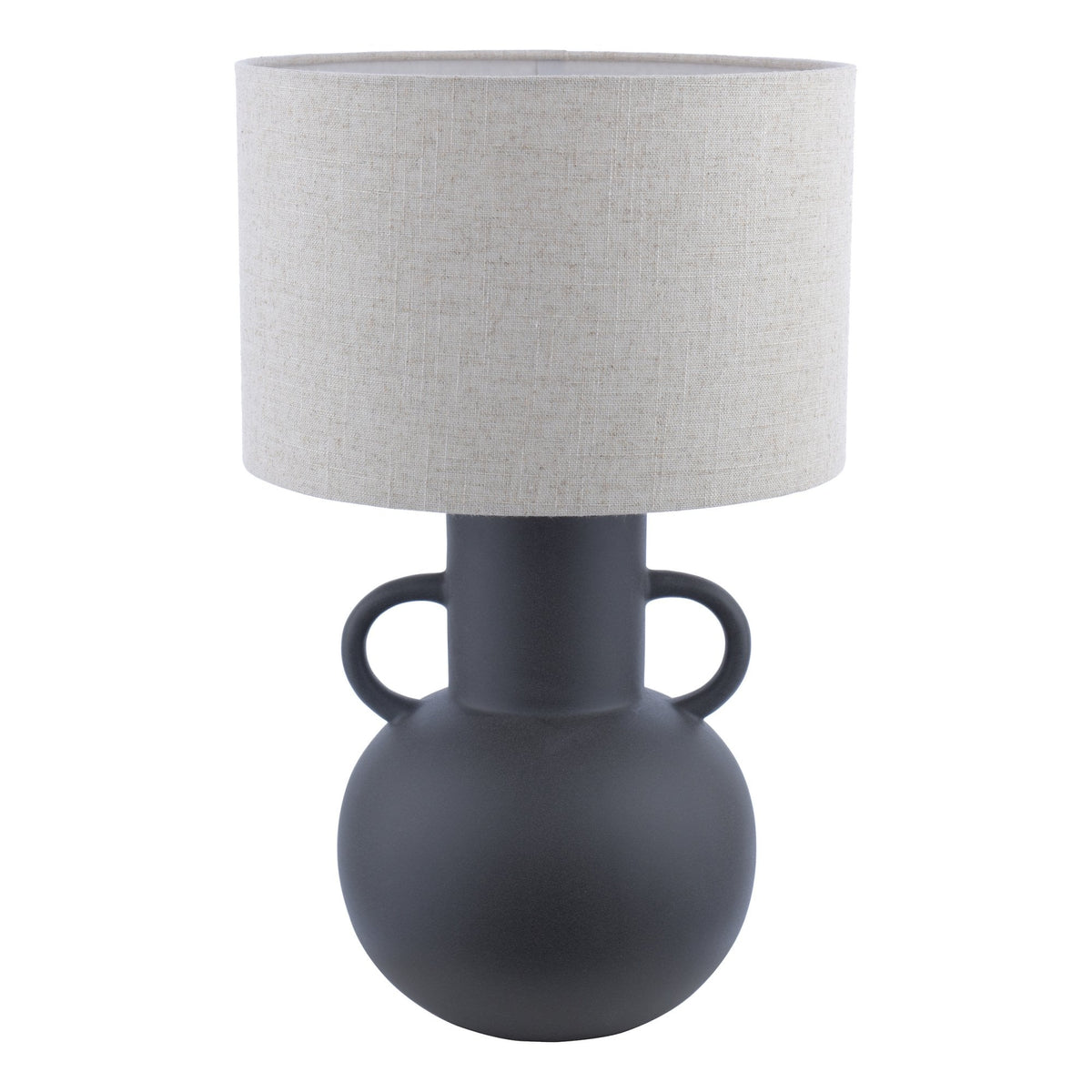 A dark grey amphora-shaped table lamp with a light fabric shade, from a slightly different angle.