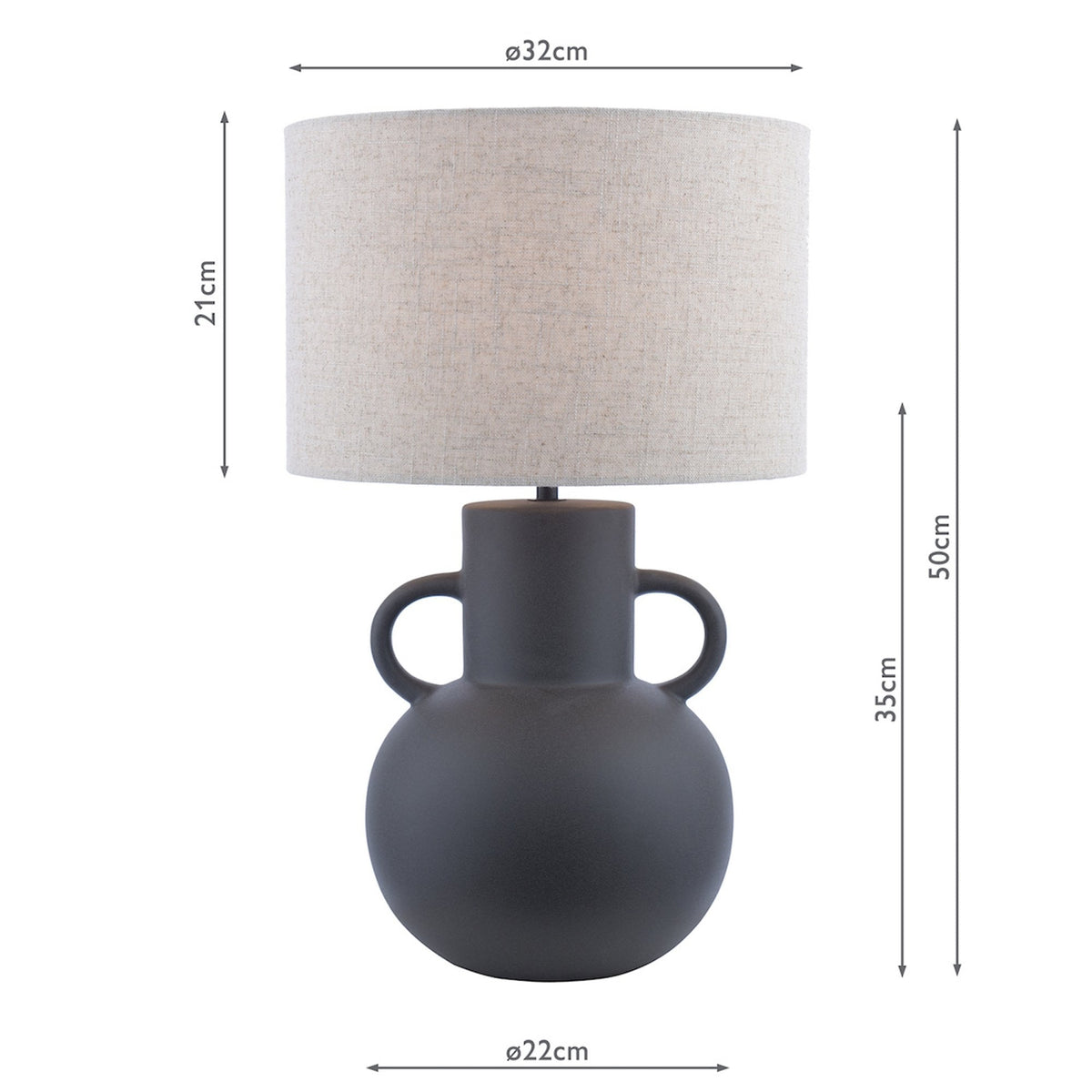 Diagram showing the dimensions of a dark grey amphora-shaped table lamp with a light fabric shade.