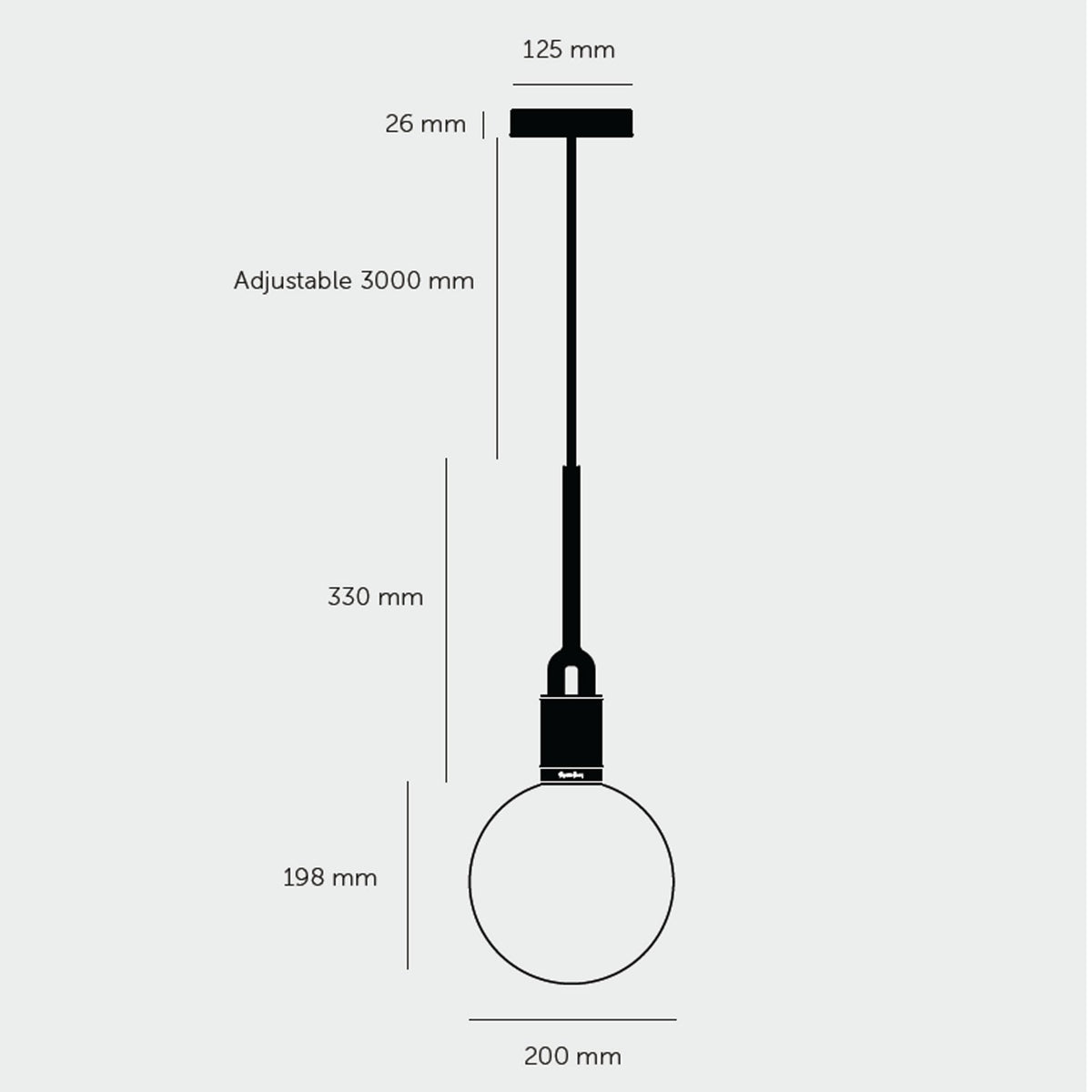 Diagram of a pendant light with dimensions: 125mm ceiling plate, 3000mm adjustable cable, 200mm globe diameter.