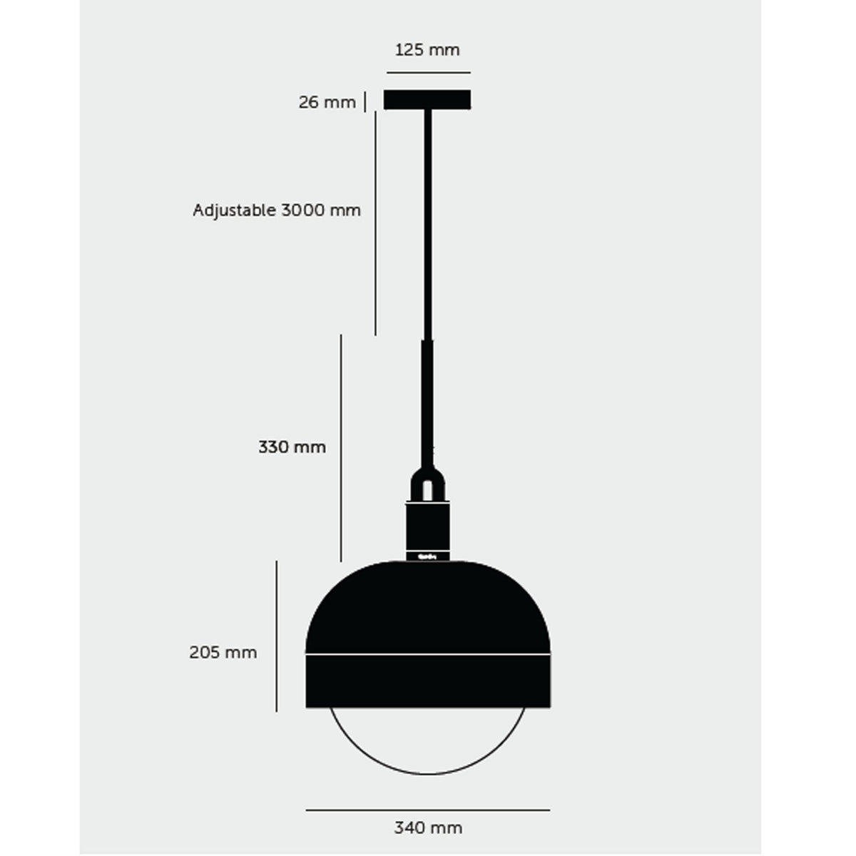 Technical drawing illustrating the dimensions and adjustable cable length of the pendant light.