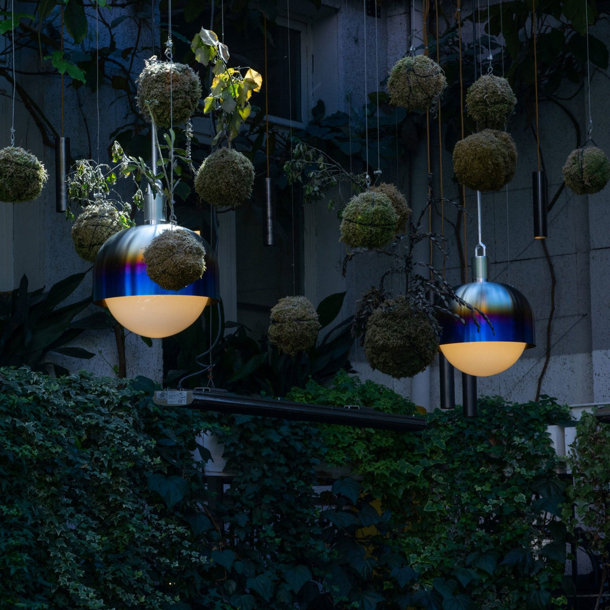 Forked Single Shade Pendant in a Burnt Steel Finish with Large Opal Globe