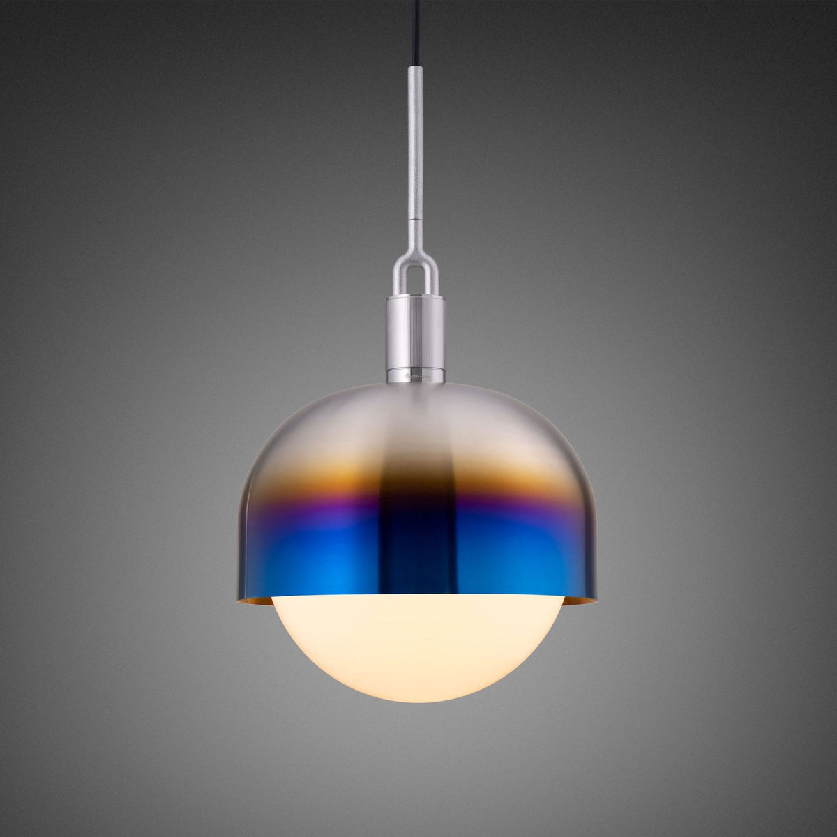 Forked Single Shade Pendant in a Burnt Steel Finish with Large Opal Globe