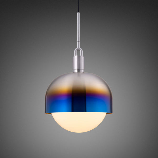 Forked Single Shade Pendant in a Burnt Steel Finish with Large Opal Globe