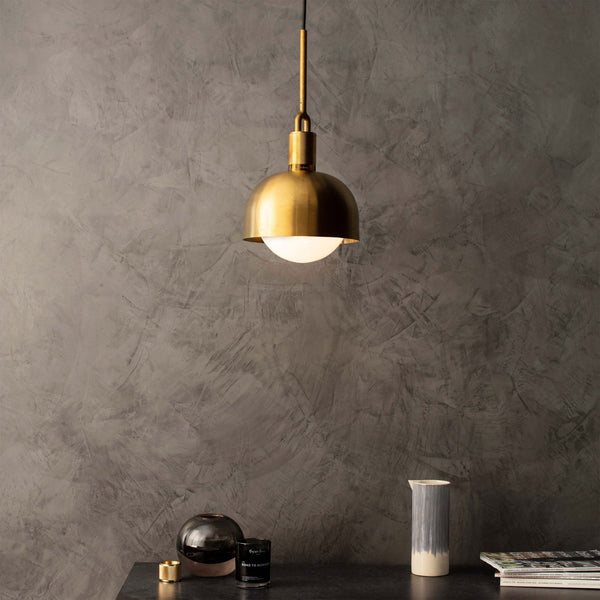 Forked Single Shade Pendant in a Brass Finish with Medium Opal Globe