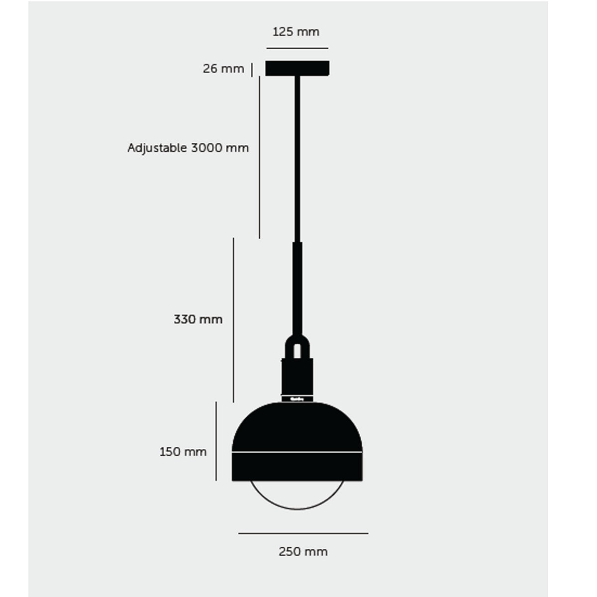 Diagram of a pendant light with dimensions: 125mm ceiling plate, 3000mm adjustable cable, 250mm shade width.