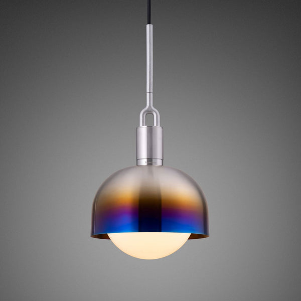Forked Single Shade Pendant in a Burnt Steel Finish with Medium Opal Globe