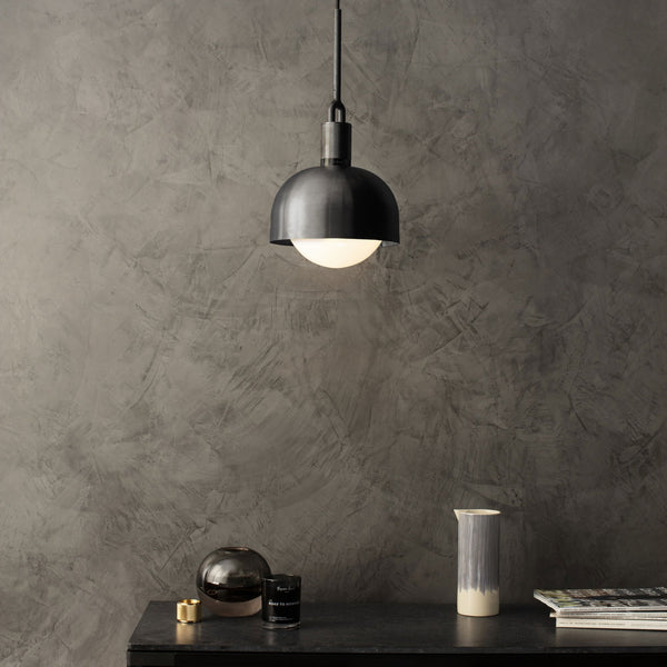 Forked Single Shade Pendant in a Gun Metal Finish with Medium Opal Globe