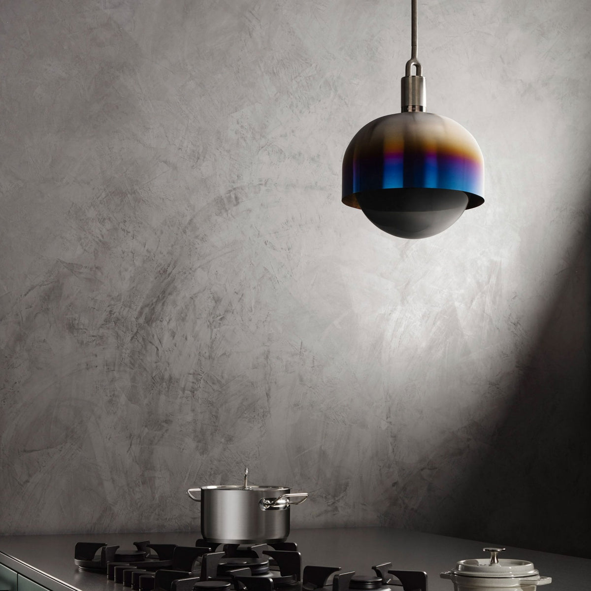 Forked Single Shade Pendant in a Burnt Steel Finish with Large Smoked Globe
