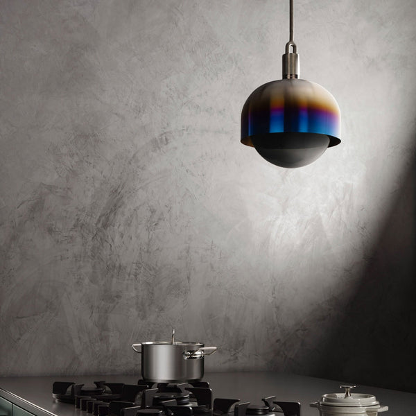Forked Single Shade Pendant in a Burnt Steel Finish with Large Smoked Globe