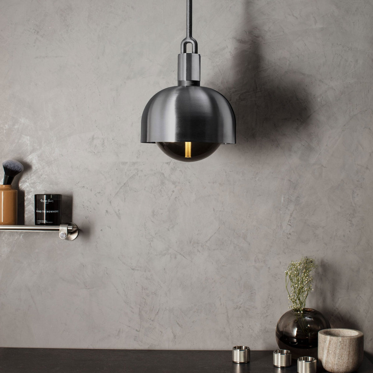 Forked Single Shade Pendant in a Gun Metal Finish with Medium Smoked Globe