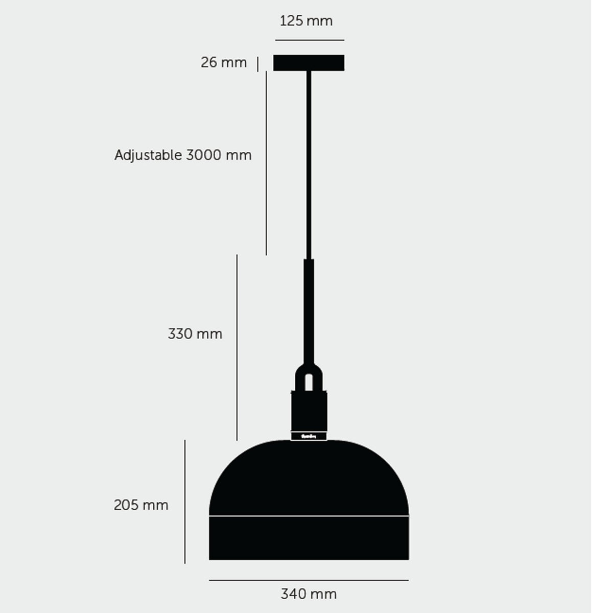 Diagram of a pendant light with dimensions: 340mm width, 205mm shade height, 330mm stem, 3000mm adjustable cable.