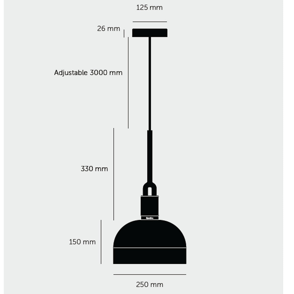 Technical drawing of a pendant light with dimensions. It has a 125mm wide ceiling plate and a 250mm wide shade.