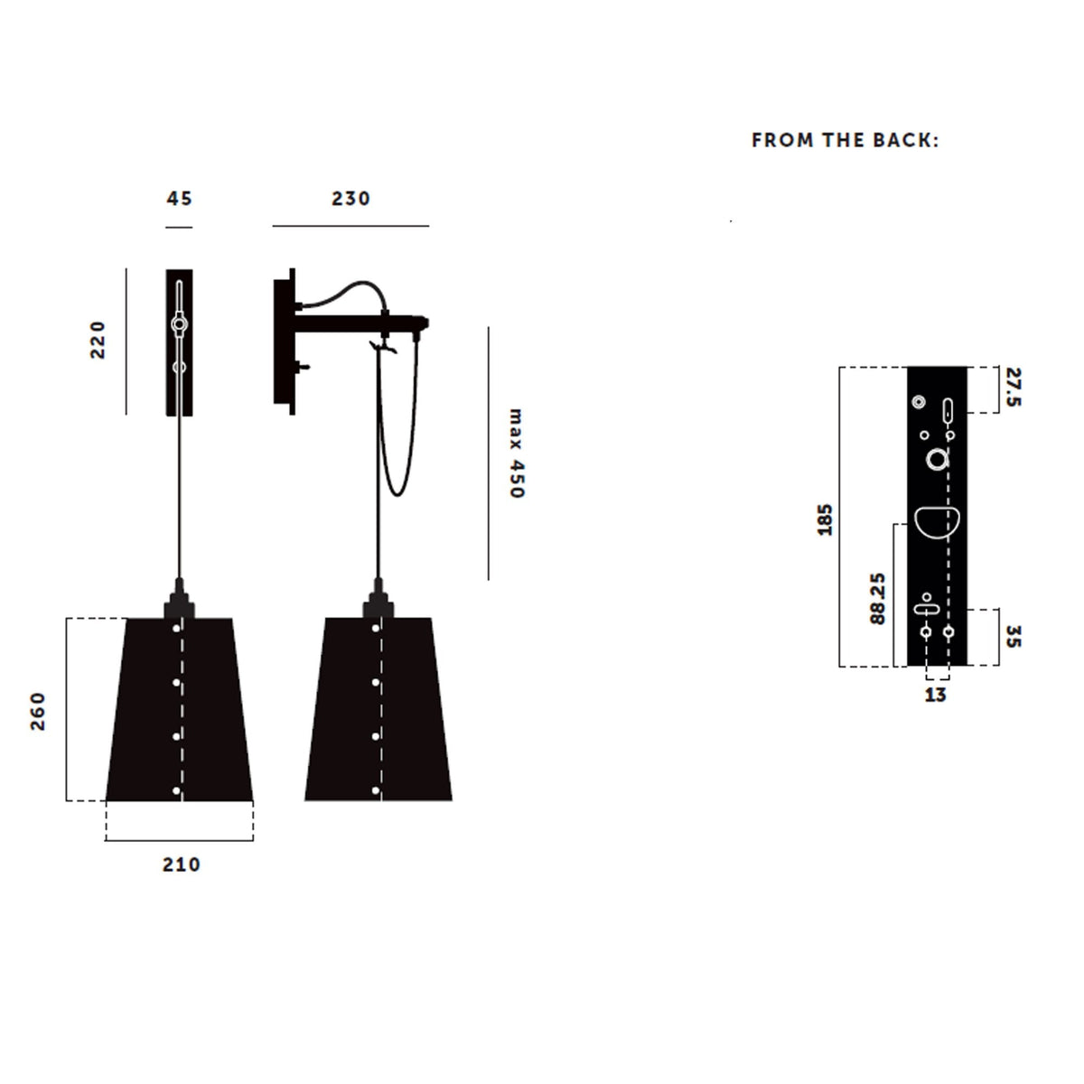 Technical drawing of a pendant light with two shades, showing front and side dimensions, and a backplate diagram.