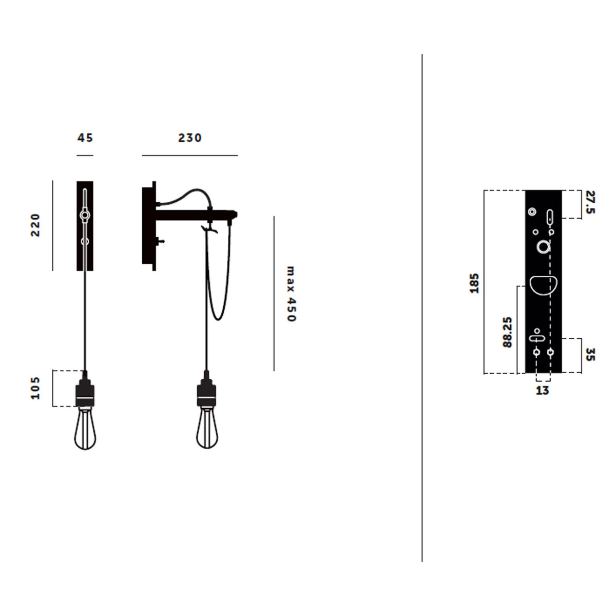 Technical drawing of a wall lamp with two exposed bulbs, showing dimensions and mounting details.