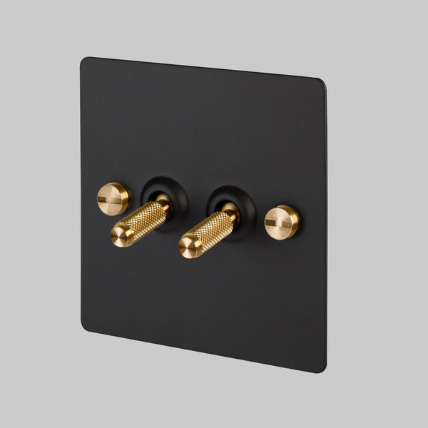 Two Gang 2-Way Light Switch in Black & Brass with Knurled Toggles