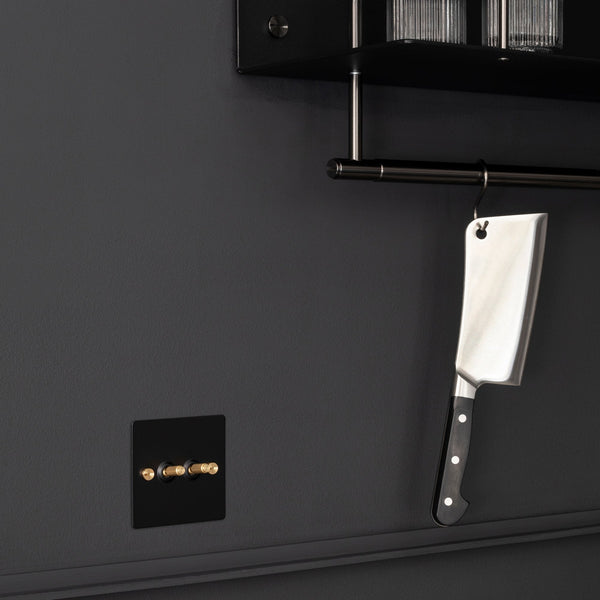 Two Gang 2-Way Light Switch in Black & Brass with Knurled Toggles