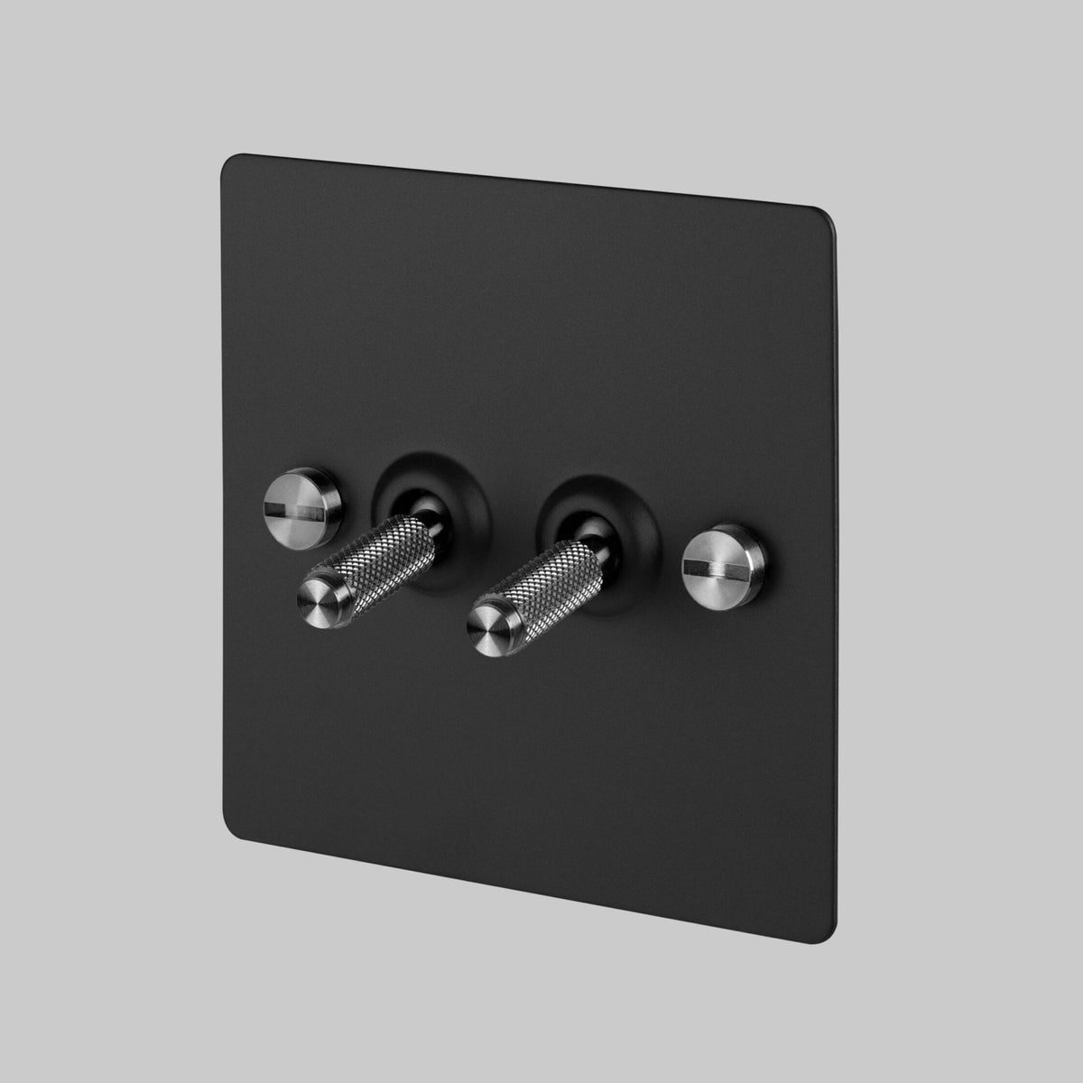 Two Gang 2-Way Light Switch in Black & Steel with Knurled Toggles