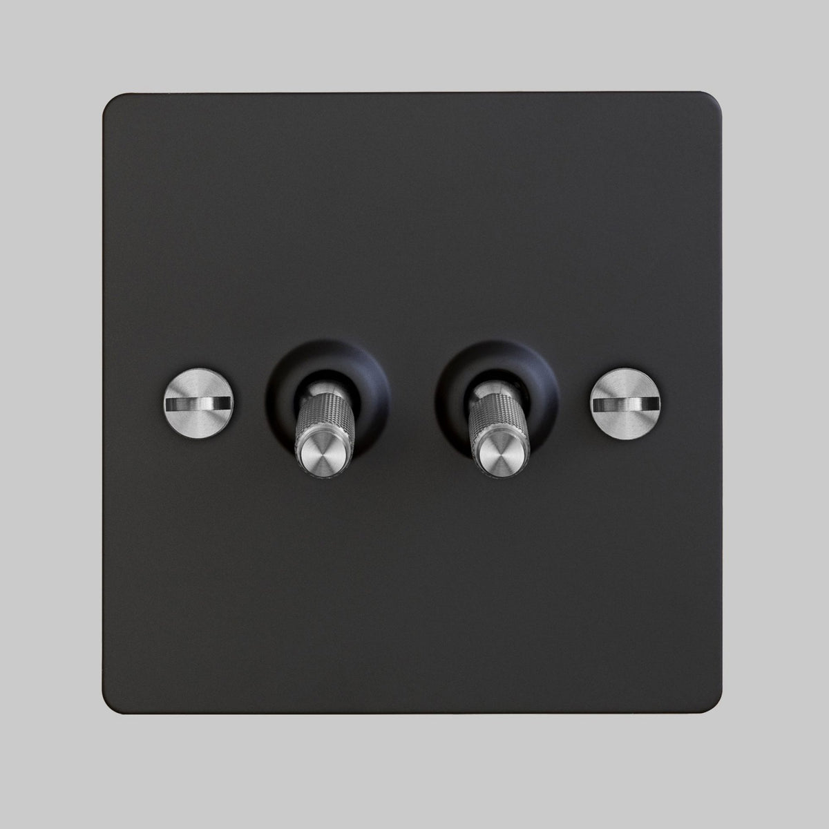 Two Gang 2-Way Light Switch in Black & Steel with Knurled Toggles