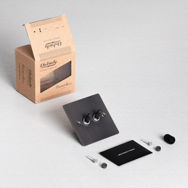 Two Gang 2-Way Light Switch in Smoked Bronze & Steel with Knurled Toggles